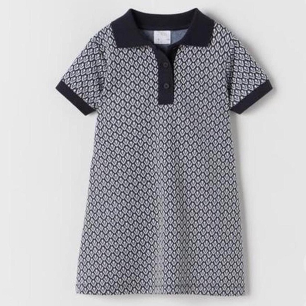 Zara Kids polo knit sweater mini dress navy jaquard print short sleeve girls